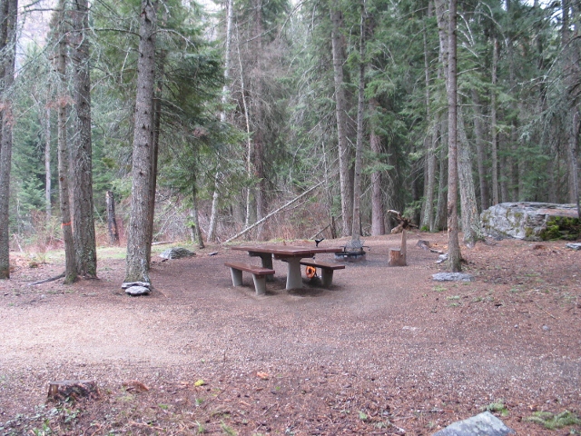 picture showing Walk-in campsite: This site has two large tent pads, a fire ring, and an accessible picnic table.
